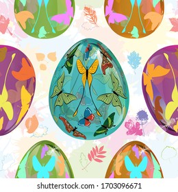 Seamless texture. Colored glass eggs. Background from blots and autumn leaves. Vector illustration.