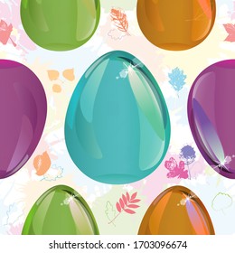  Nahtlose Textur. Eier aus buntem Glas. Hintergrund aus Blüten und Herbstblättern. Vektorillustration.