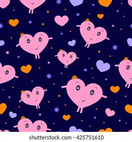 Seamless texture with colored hearts on a dark blue background.
