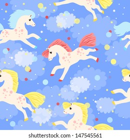 seamless texture with colored horses keeps running across the sky with clouds and stars and colored confetti