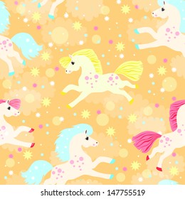 seamless texture with colored horses keeps running across the sky with clouds and stars and colored confetti