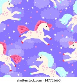 seamless texture with colored horses keeps running across the sky with clouds and stars and colored confetti