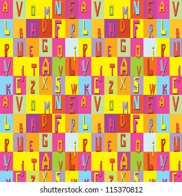 Seamless texture of colored pads with bright letters for paper, wallpaper and packaging / Font texture