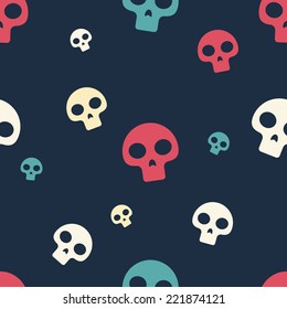 seamless texture with colored skulls on dark background background