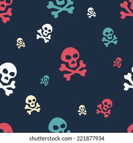 seamless texture with colored skulls on dark background background