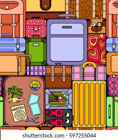 Seamless texture of colored suitcases tightly stacked on top of each other