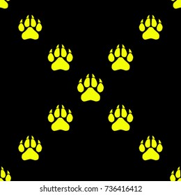 Seamless texture. Colored traces of paws on a black background