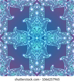 Seamless texture with colored tribal Hamsa with boho pattern. Vector element for wraps, wallpaper, fabric and your creativity. Element for spa, yoga studio, beauty center