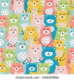 Seamless texture with colorful bears. Cute teddy illustration in sketch style. Cartoon animals background. Doodle. Scandinavian style. Ideal for fabric, wallpaper, wrapping paper, textile, bedding.