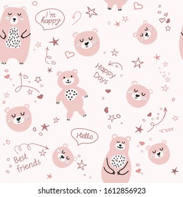 Seamless texture with colorful bears. Cute teddy illustration in sketch style. Cartoon animals background. Doodle. Scandinavian style. Ideal for fabric, wallpaper, wrapping paper, textile, bedding.