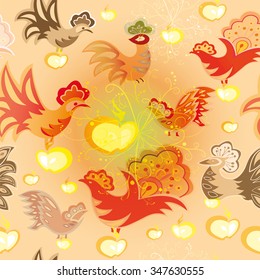 Seamless texture with colorful birds and apples on light colored background