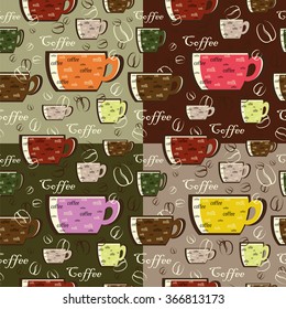 Seamless texture with colorful cups and coffee beans on square colorful backgrounds