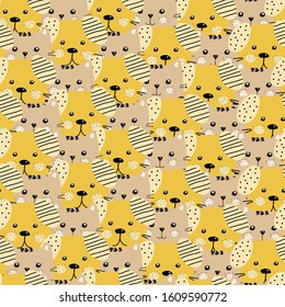 Seamless texture with colorful, cute kittens and dogs. Doodle of a cat. Cartoon animals background Hand drawn vector illustration.