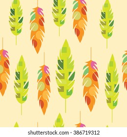 Seamless texture with colorful decorative feathers, circles and squares on light pink background
