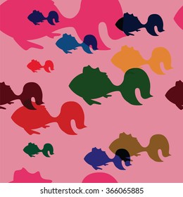 Seamless texture with colorful fishes on pink background