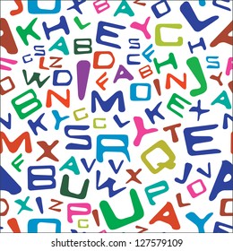 Seamless texture with colorful letters isolated on white background.
