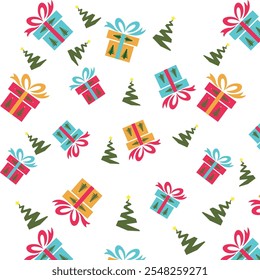 Textura sin fisuras con coloridas cajas de regalo con árbol de Navidad sobre fondo blanco.
