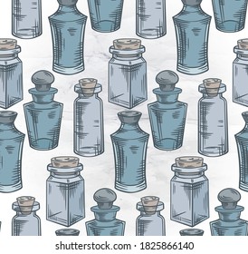 Seamless texture with colorful sketch bottles, flasks and jars on old paper background. Magical pharmacy objects. Vector engraving pattern for fabrics, wallpapers and your design.