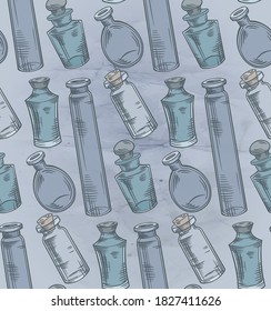 Seamless texture with colorful sketch bottles, flasks and jars on old paper background. Magical pharmacy objects. Vector engraving pattern for fabrics, wallpapers and your design.