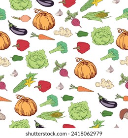 Seamless texture with colorful vegetables. Design of packaging, wrapping paper. Vector illustration