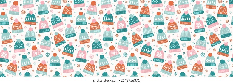 Textura sem costura com chapéus coloridos de inverno desenhados à mão. Projeto de fundo de Natal. Faixa. Ilustração vetorial