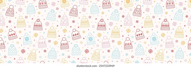 Textura sem costura com chapéus coloridos de inverno desenhados à mão. Projeto de fundo de Natal. Faixa. Ilustração vetorial