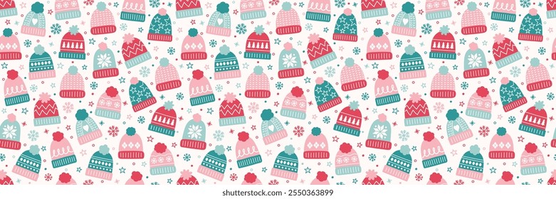 Seamless texture with colourful hand drawn winter hats. Christmas background design. Banner. Vector illustration