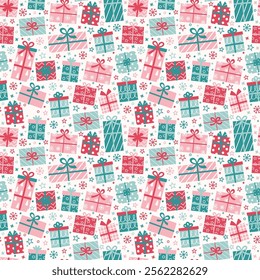 Seamless texture with colourful hand drawn gift boxes. Christmas background design. Banner. Vector illustration