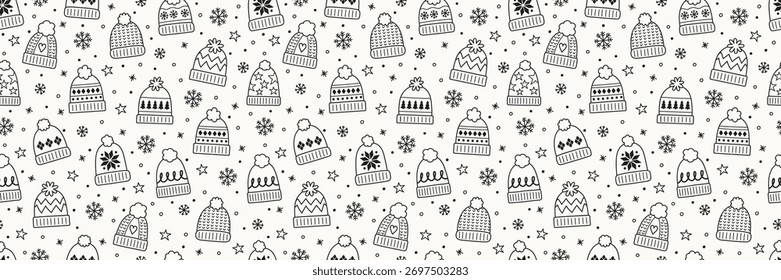 Seamless texture with colourful hand drawn winter hats. Christmas background design. Banner. Vector illustration