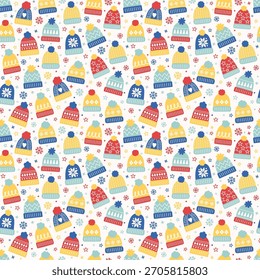 Seamless texture with colourful hand drawn winter hats. Christmas background design. Vector illustration