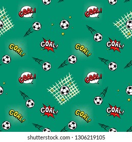 Seamless texture in comic style. Green background. Sport. Football. Vector illustration in pop art style