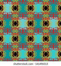 Seamless texture consisting of blue, red and black patterns