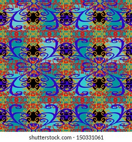 Seamless texture consisting of blue, red and black patterns