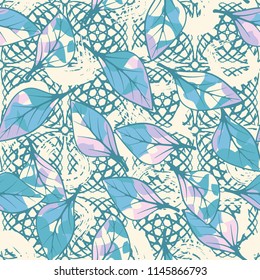 A seamless texture consisting of chaotically arranged multi-colored leaves.
The leaves are on a background of squares drawn by arcs and curls.