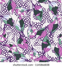 A seamless texture consisting of chaotically arranged multi-colored leaves.
The leaves are on a background of squares drawn by arcs and curls.