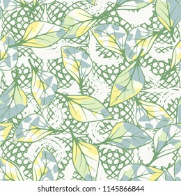 A seamless texture consisting of chaotically arranged multi-colored leaves.
The leaves are on a background of squares drawn by arcs and curls.
