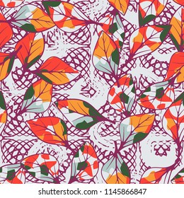 A seamless texture consisting of chaotically arranged multi-colored leaves.
The leaves are on a background of squares drawn by arcs and curls.