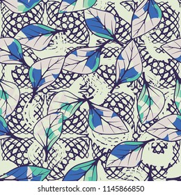 A seamless texture consisting of chaotically arranged multi-colored leaves.
The leaves are on a background of squares drawn by arcs and curls.