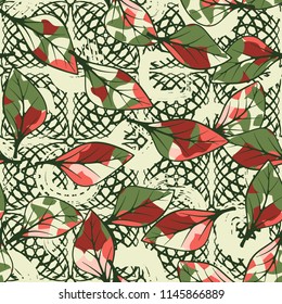 A seamless texture consisting of chaotically arranged multi-colored leaves.
The leaves are on a background of squares drawn by arcs and curls.