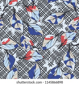 A seamless texture consisting of chaotically arranged multi-colored leaves.
The leaves are on the background of diagonal shading and seven-pointed stars.