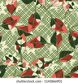 A seamless texture consisting of chaotically arranged multi-colored leaves.
The leaves are on the background of diagonal shading and seven-pointed stars.