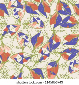 A seamless texture consisting of chaotically arranged multi-colored leaves.
The leaves are on the background of splashes and smears.