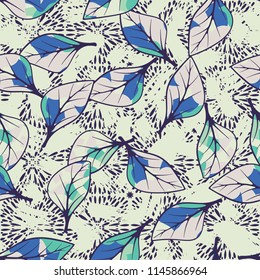 A seamless texture consisting of chaotically arranged multi-colored leaves.
The leaves are on the background of splashes and smears.