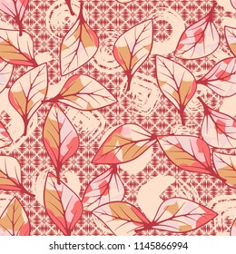 A seamless texture consisting of chaotically arranged multi-colored leaves.
The leaves are on a background of wedge-shaped strokes and rounded squares.