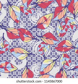 A seamless texture consisting of chaotically arranged multi-colored leaves.
The leaves are on a background of wedge-shaped strokes and rounded squares.