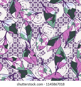 A seamless texture consisting of chaotically arranged multi-colored leaves.
The leaves are on a background of wedge-shaped strokes and rounded squares.
