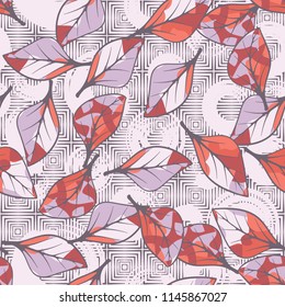 A seamless texture consisting of chaotically arranged multi-colored leaves.
The leaves are on a background of concentric squares and circles.