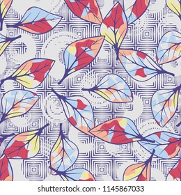 A seamless texture consisting of chaotically arranged multi-colored leaves.
The leaves are on a background of concentric squares and circles.