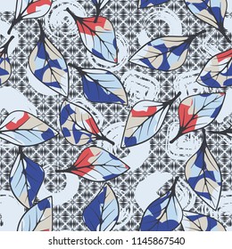 A seamless texture consisting of chaotically arranged multi-colored leaves.
The leaves are on a background of wedge-shaped strokes and rounded squares.