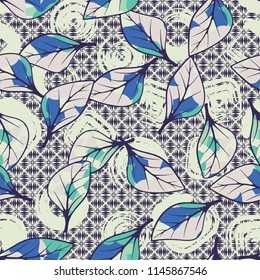 A seamless texture consisting of chaotically arranged multi-colored leaves.
The leaves are on a background of wedge-shaped strokes and rounded squares.